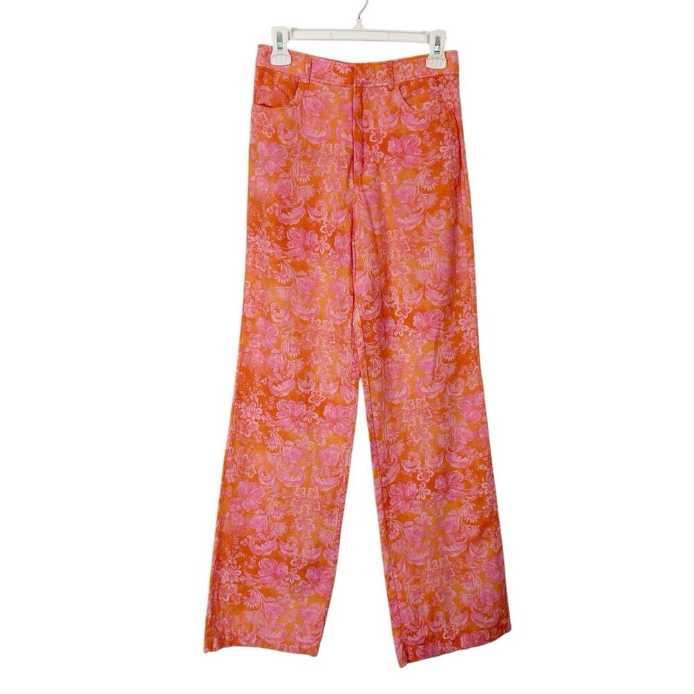 Zara High Rise Floral Pants Women’s Size‎ XS Orange Pink Linen Full Length